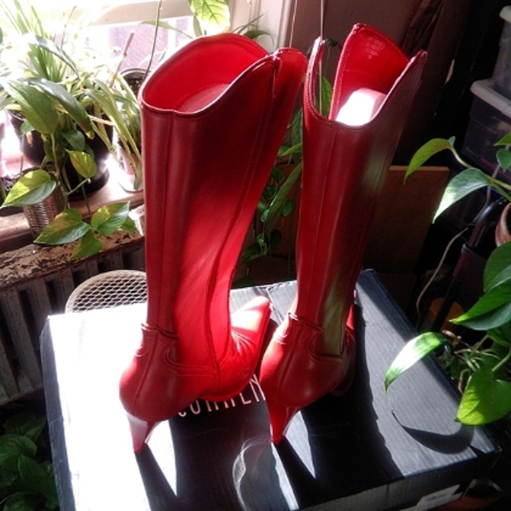 Dolls Kill Red Pointed-Toe Mid-Calf Heeled Boots - Picture 16 of 16
